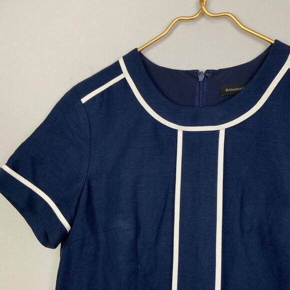 Banana Republic Sz 2 Navy Blue White Trim Linen Short Sleeved Shift Dress Mod - Picture 3 of 7